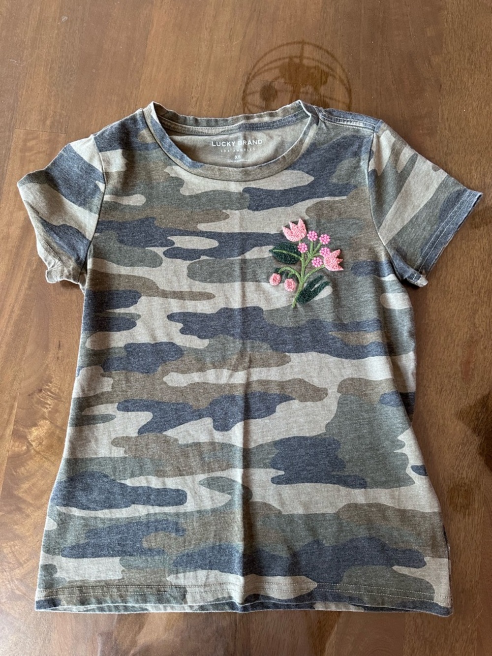 Lucky Brand Olive Camo Tee with Pink Floral Embroidery